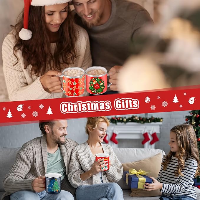 Sliner 16 Pcs Christmas Enamel Mugs, 12 oz Coffee Mugs Bulk Hot Chocolate Mug Set Cute Enamel Tea Cups Winter Holiday Christmas Employee Gift for Family Coworkers (Fashion Style)
