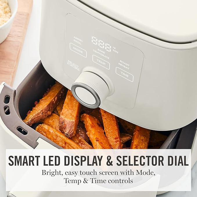 Martha Stewart 6QT Air Fryer, 6-in-1, Bake, Broil, Roast, Air Fry, Dehydrate, Reheat, Ceramic Non-Stick Basket, Crispy Results Fast, 400°F Max Temp, Shake Reminder, Auto Shut-Off, Linen Cream