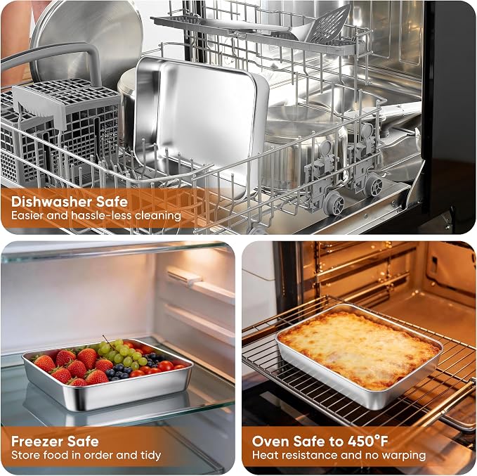 E-far Mini Lasagna Pan, Stainless Steel Rectangular Baking Pan, 9x7x2 Inch Sheet Cake Pan Metal Bakeware Toaster Oven Tray for Brownie Casserole, Deep Side & Heavy Duty, Anti-Rust & Dishwasher Safe