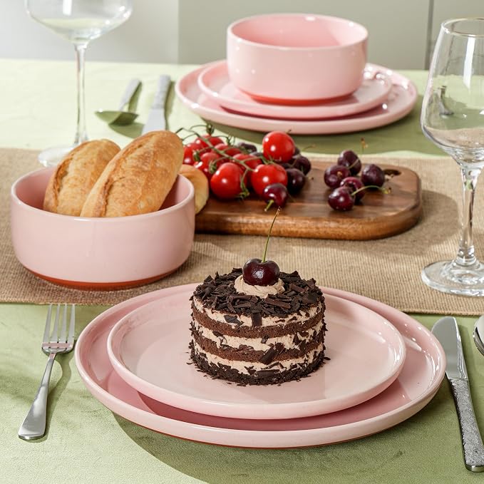 6 Piece Ceramic Plates and Bowls Sets for 2, Elegant Pink | Stoneware Dinnerware Set, Dishwasher & Microwave Safe, Handcrafted, Perfect for Family and Gatherings