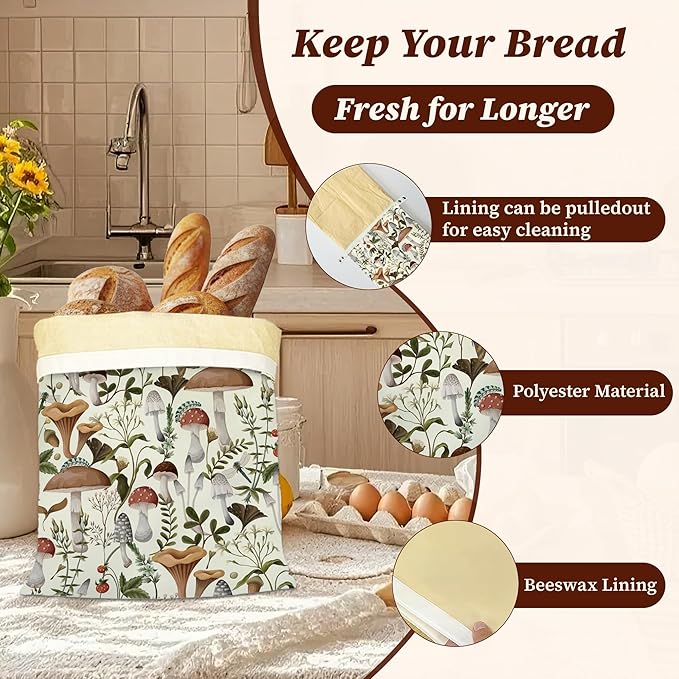 Bread Bags for Homemade Bread- Mushroom Forest Dragonfly Berry 2 Pack Linen and Beeswax Sourdough Storage Bags, Reusable Keeper, Keeps Breads Fresh Longer, Gifts for Bakers