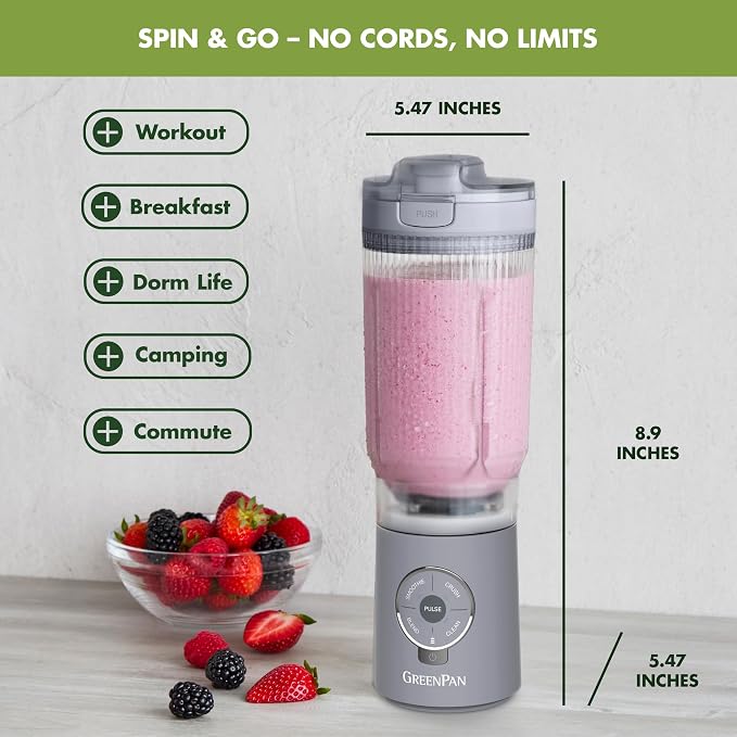GreenPan Spin & Go Portable Blender, 24oz BPA-Free Cup, Self-Cleaning, Shakes Smoothies Juices, Crushed Ice & Frozen Fruits, Leakproof Lid, Fast Charge, Personal Handheld for Travel & Gym, Pink