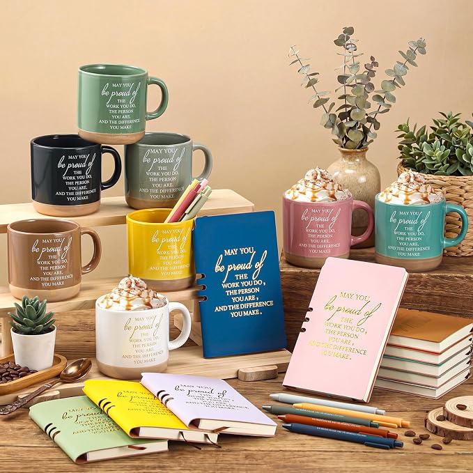 Didaey 10 Sets Employee Appreciation Gifts Set 13oz Pastel Inspirational Ceramic Coffee Mugs A6 Leather Notebooks Ballpoint Pens Bulk Thank You Gifts for Employees, Staff, Team Members