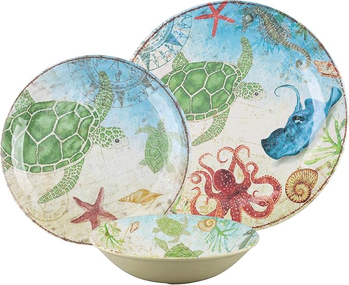 UPware 12 Piece Sea Turtle Melamine Dinnerware Sets, Outdoor Dishes Set, Plates and Bowls Sets, Service for 4, Multicolor