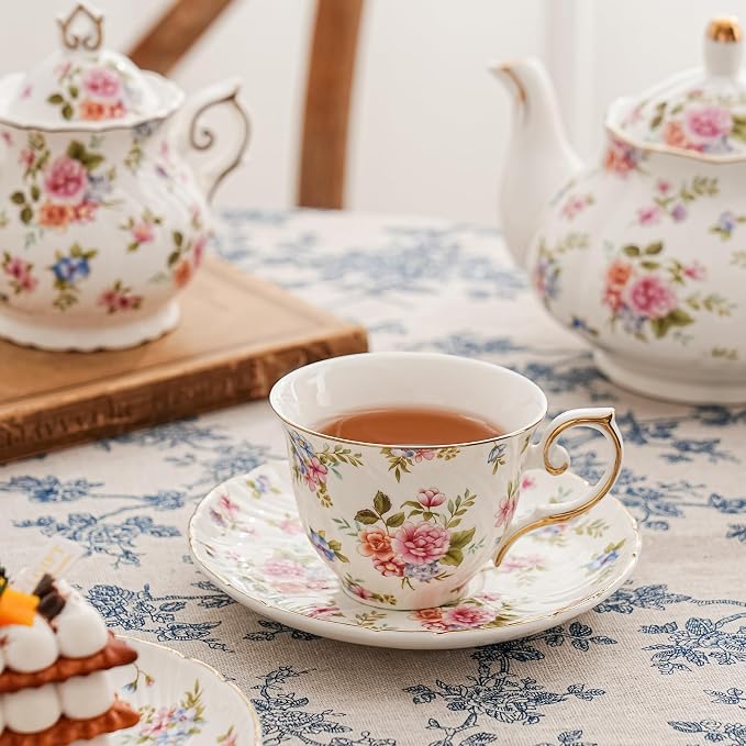 Agyiuns tea cups and saucers ceramic coffee mug 6oz for Coffee, Latte, Cafe Mocha and Tea-Set of 4, white with flowers