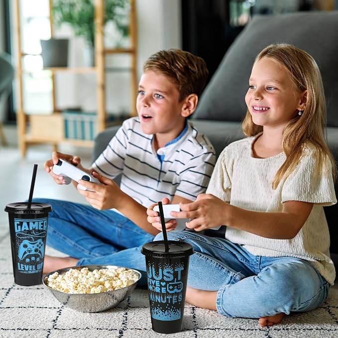 Kochorie 12 Pieces Video Game Plastic Cups 24 Ounces Gaming Party Cups with Lids and Straws Black Blue Video Game Tumbler Cups for Birthday Party Video Game Party Supplies Tableware