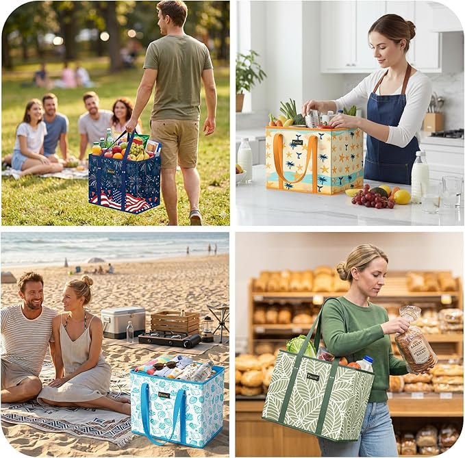BALEINE 3Pk Reusable Grocery Bags, Foldable Shopping Bags for Groceries with Reinforced Bottom & Handles (Freedom Celebration)