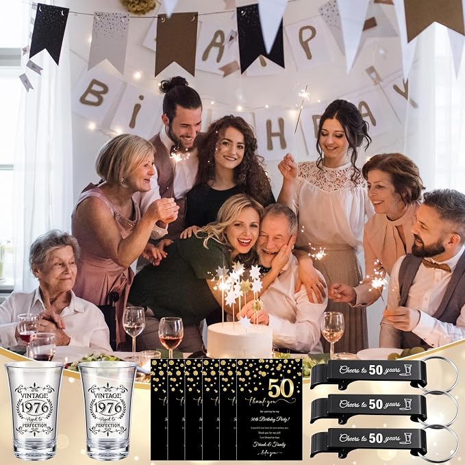 LemonRoad 100 Set 50th Birthday Party Favor for Guest Bulk, 1.4oz Plastic Shot Glasses Cup, Cheers to 40/50/60/70/80 Years Beer Bottle Opener Keychain Thank You Card Gift Bag for Souvenir Party Gift