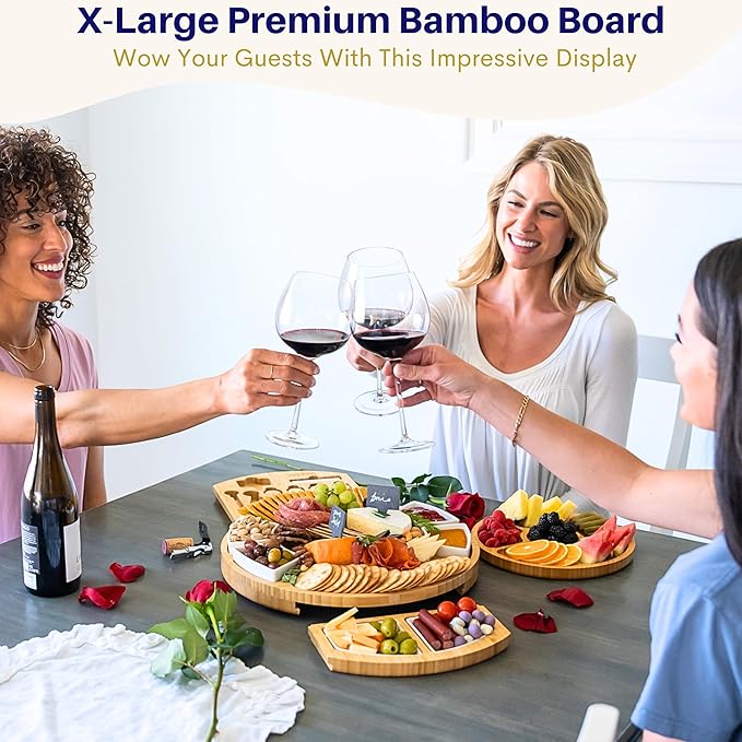 Premium Bamboo Cheese & Charcuterie Board Bundle – Extra Large 16 Inch Round Serving Board + Large Cheese Serving Set with Knife Accessories – Ideal for Entertaining, Gifting & Special Occasions
