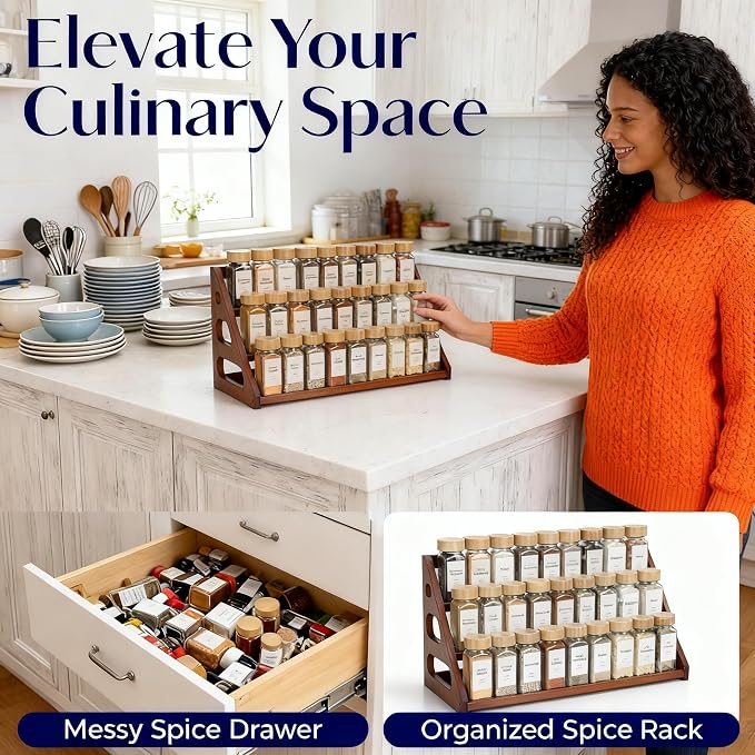 Bamboo 3 Tier Spice racks, Spice Organizer, Kitchen Seasoning Spices Rack, Suitable for Spice Organizers Such as Sitchen Countertops, Stoves, Sorage Rooms (XL)