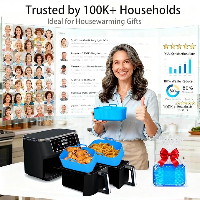 Ninja Silicone Air Fryer Liners - Reusable 8QT Dual Basket DZ201 - Rectangular 2-Pack Vacuum-Packed Easy-Clean Dishwasher-Safe Food-Safe for Home Chefs - Housewarming Gifts