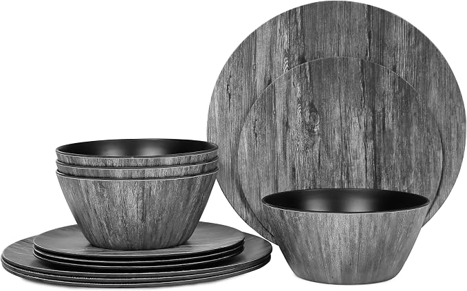 Melamine Dinnerware Set – Rustic 12 Piece Plates and Bowls, Heavy Duty Dishes for Indoor Outdoor Use, Break-Resistant, Dishwasher Safe，Black Wood Grain