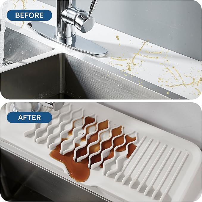 Kitchen Sink Splash Guard,24inch Silicone Draining Mat White Cream Longer Silicone Faucet Handle Drip Catcher Tray Kitchen Sink Splatter Screen for Kitchen