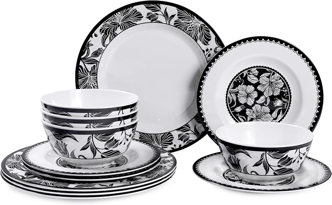 Melamine Dinnerware Sets 12pcs-Melamine Plates and Bowls Set Black Flower Lily Pattern Indoor Outdoor Use Unbreakable Dishwasher Safe