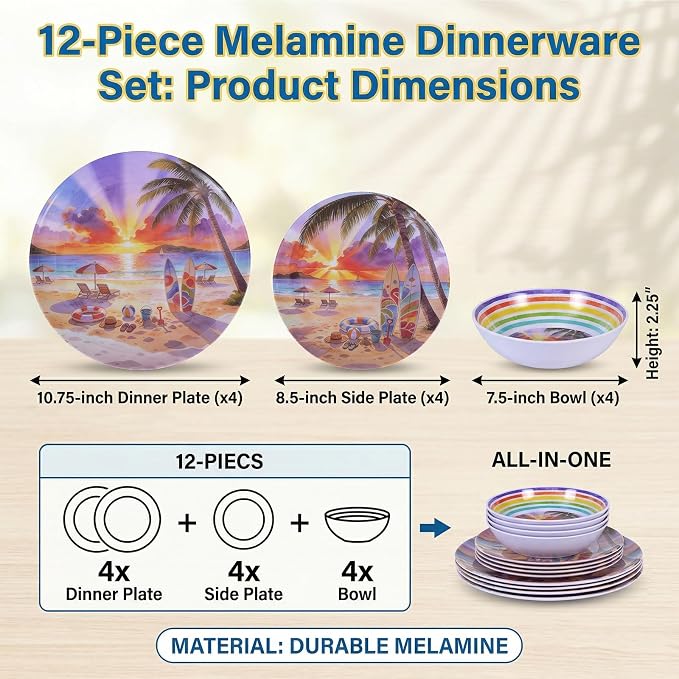 12 Piece Melamine Plates and Bowls Set, Beach Sunset | Melamine Dinnerware Set，Service for 4, Unbreakable, Stackable & Lightweight, Indoor & Outdoor Us