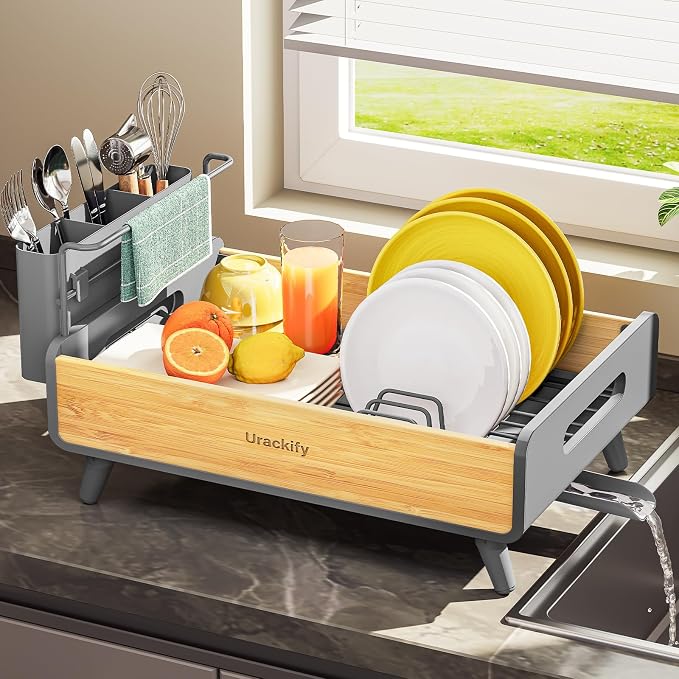 Urackify Dish Drying Rack for Kitchen Counter - Stainless Steel & Bamboo Dish Rack with Large Removable Utensil Holder, Dish Drainer with Adjustable Automatic Spout, Grey
