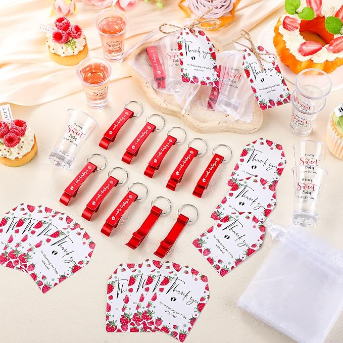 50 Sets Baby Shower Favor for Guests Acrylic Shot Glasses with Bottle Opener Keychains Thank You Tags and Bags Gender Reveal Party Favors for Guest Baby Shower Return Gift(Strawberry)