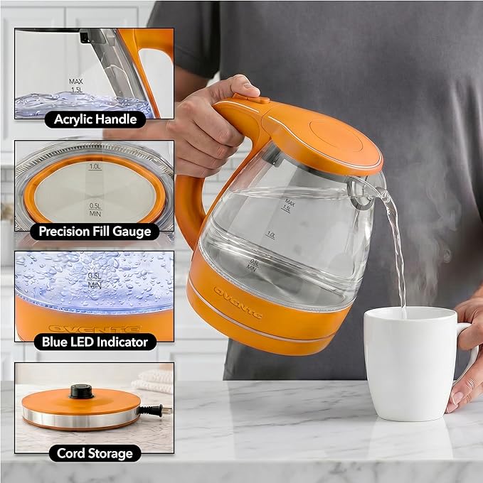 OVENTE Electric Kettle, 1.5L Borosilicate Glass Countertop Water Heater and Boiler for Coffee or Tea, BPA-Free, Auto Shut-Off, Boil-Dry Protection, Removable and Washable Spout Filter, Orange KG83O