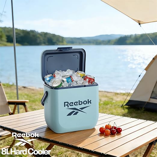 Reebok 8L Hard Cooler,Officially Licensed Portable Cooler Ice Chest with Handle, Holds 12 Cans, 12-Hour Ice Retention,Light Blue