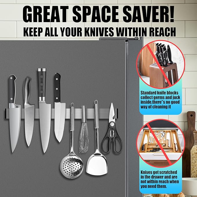 Magnetic Knife Strips, No Drill Magnetic Knife Holder for Wall 20 Inch, Stainless Steel Knife Magnetic Strip Use as Knife Bar, Knife Holder for Kitchen Utensil Organizer