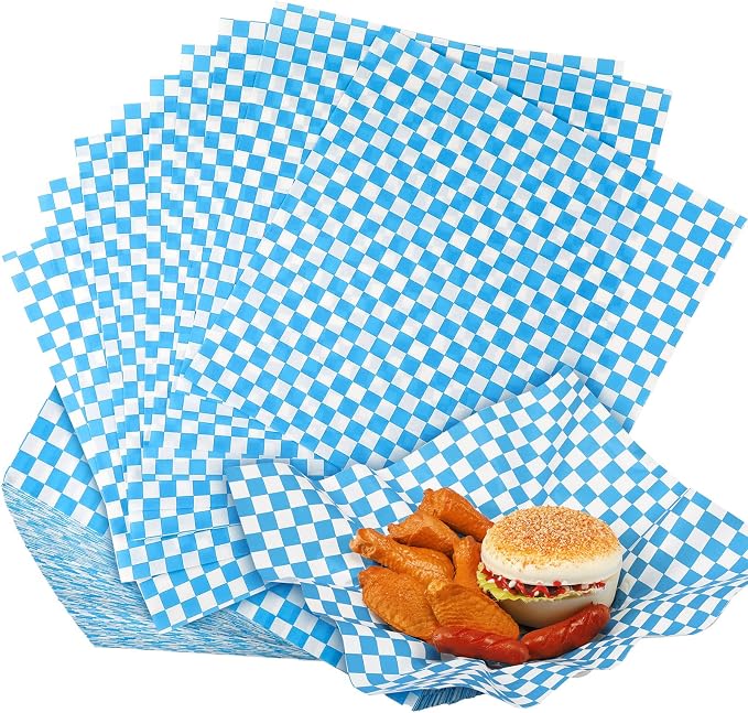 Spakon 1000 Sheets Wax Deli Paper Sheets for Food 12 x 12 Inch Checkered Dry Waxed Deli Basket Liners for Sandwich Wrapping, Food Basket Liners, Picnic party(Blue-white)