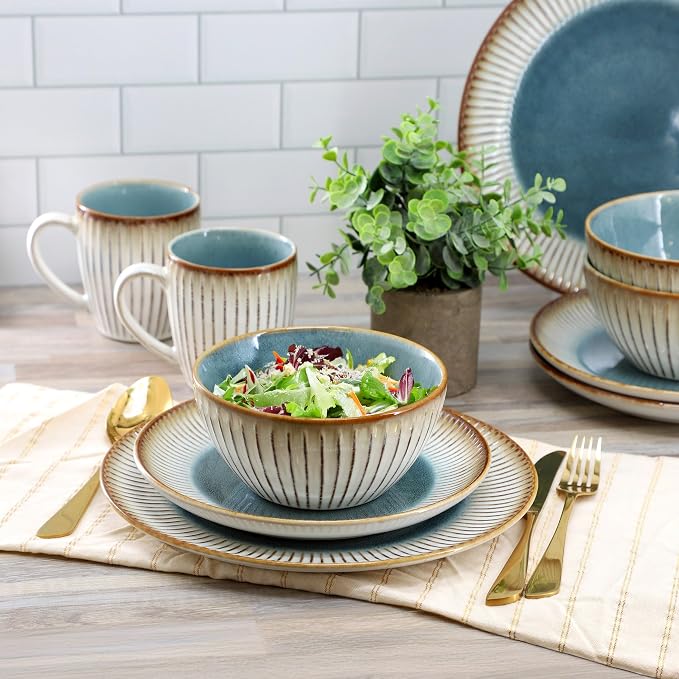 Elama 16 Piece Stonewre Dinnerware/Tableware Set, Service for 4, Textured Design, Color Rim Place Settings (Louann)