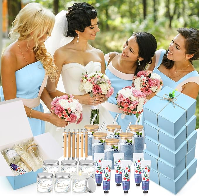 Reallnaive 6 Sets Baby Shower Prizes for Game Winners, Baby Shower Favors Including Glass Cup Scented Candles Hand Cream Pens Gift Box with Raffia for Gender Reveal Wedding Bridal Party Prizes(Blue)