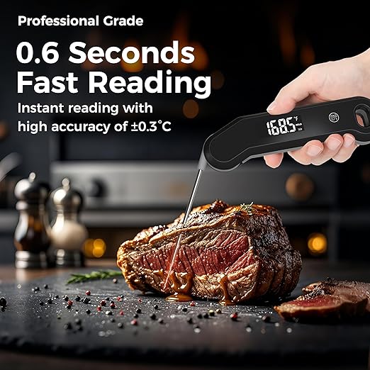 YFL Instant Read Meat Thermometer Digital, Ultra-Fast 0.8s Thermocouple Food Thermometer for Cooking, IP66 Waterproof Kitchen Gadget with Auto-Rotating VA Screen for BBQ, Smoker, Candy