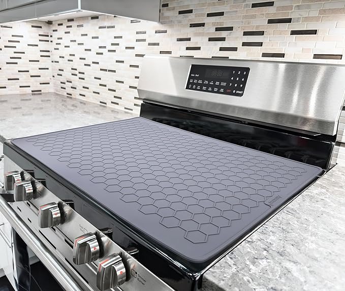 Stove Top Covers for Electric Stove - 28" x 20" Large Stove Cover, Heat Resistant Silicone Stove Top Protector, XL Dish Drying Mat for Kitchen, Ceramic Range & Glass Cooktop Protector Mat, Grey