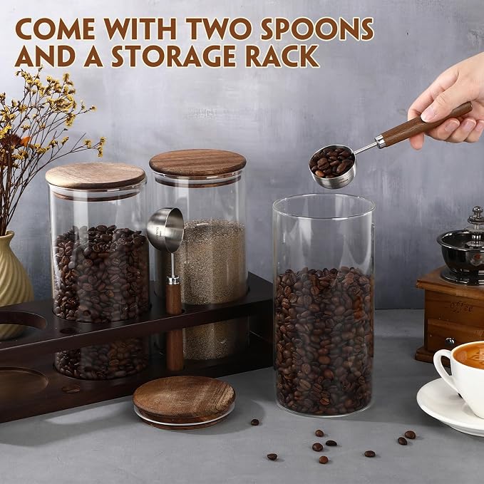 Suclain 3 Pcs 44 oz Glass Coffee Grounds Container with Shelf Glass Coffee Bean Storage Canisters with Airtight Lid and Measuring Spoon Food Storage Jars for Kitchen Sugar (Minimalist Style)