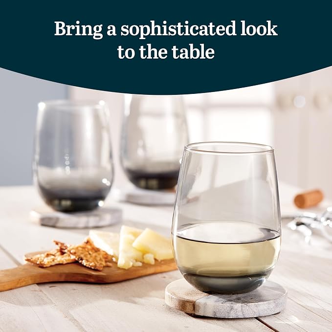 Libbey Classic Smoke All-Purpose Stemless Wine Glass Set, Timeless Wine Glasses Set of 6, 15.25 Oz, Stemless Drinking Glasses Set for Dinners, Weeknights