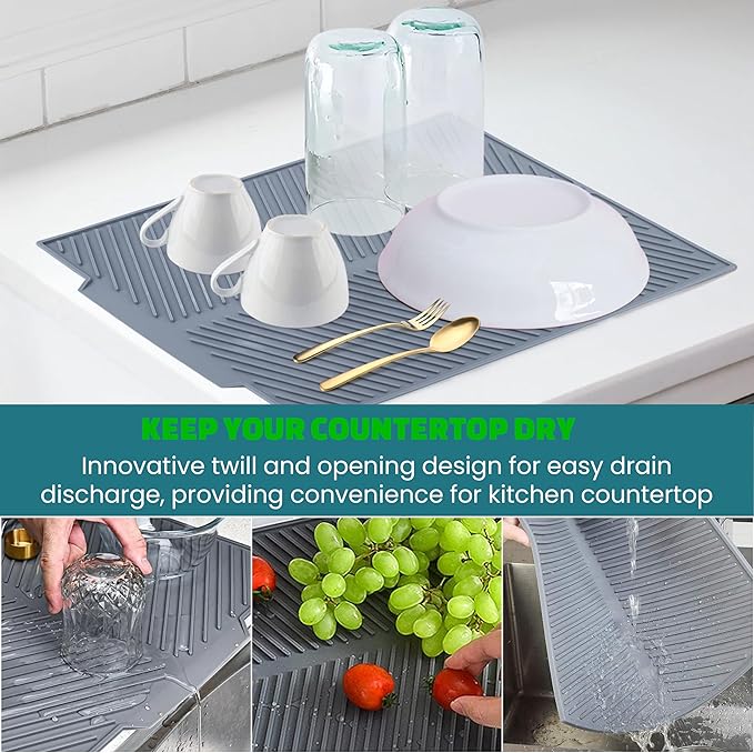 2 Pieces Silicone Faucet Mat for Kitchen Sink and Dish Drying Mat for Multiple Usage , Sink Water Splash Guard , Dish Mat , Draying Mat for Kitchen Counter-Grey