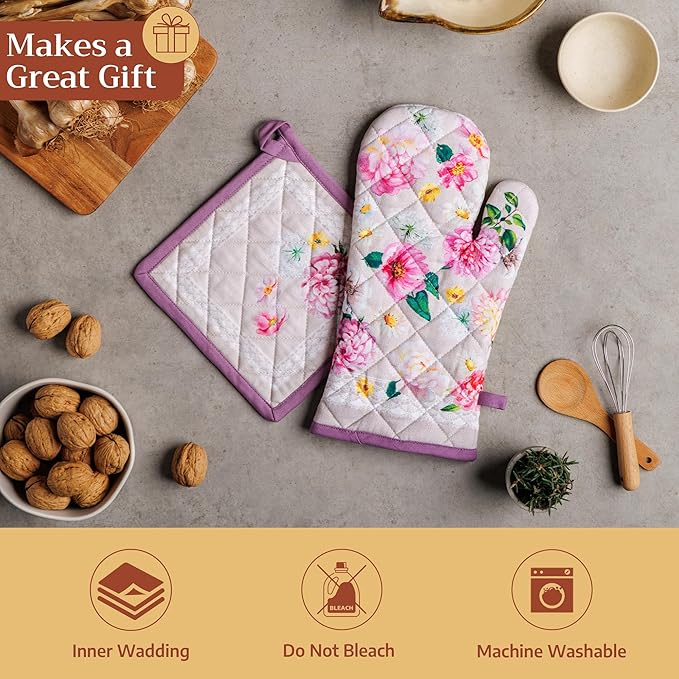 Maison d' Hermine 100% Cotton Oven Mitt & Pot Holder Set (7.5"x13" & 8"x8") Heat Resistant BBQ Cooking Gloves with Loop Baking Grilling Kitchen Gifts for Mothers Day Spring/Summer (Pivoine)