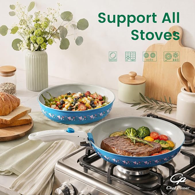 Chef Power Ceramic Cookware Set Non Toxic with Detachable Handles, Healthy Nonstick Decal Pans and Pots Set 14 Pcs, Induction Dishwasher Oven Safe Kitchen Set, Turquoise with Bougainvillea