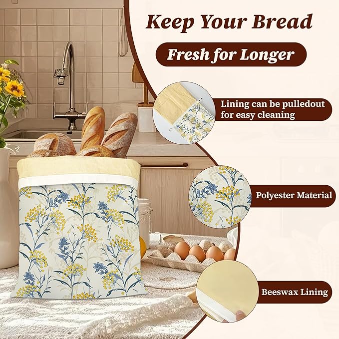 Bread Bags for Homemade Bread, Yellow Berries Leaves 2 Pack Linen and Beeswax Sourdough Storage Bags, Reusable Keeper, Keeps Breads Fresh Longer, Gifts for Bakers