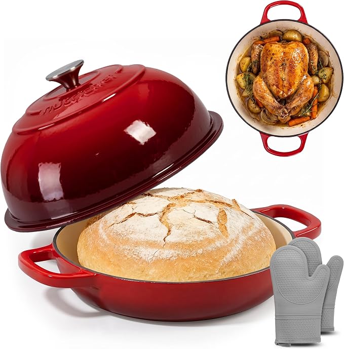 NutriChef 10.2" Enameled Cast Iron Bread Oven, Dome-Shaped Sourdough Baking Pan with Handles & Silicone Gloves, Oven-Safe to 500°F, Dishwasher Safe Dutch Oven Bread Pan (Red)