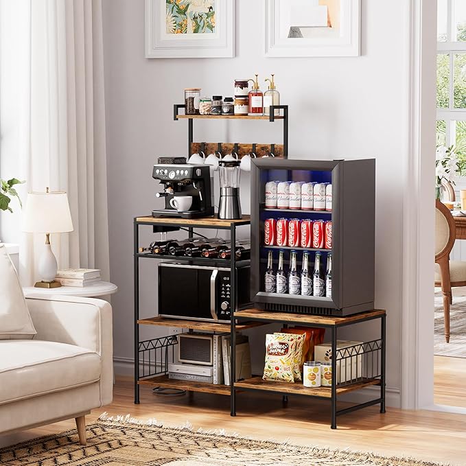Portin Mini Fridge Stand Coffee Bar Cabinet with Power Outlet | 7 Tier Shelf with S-Hooks, Kitchen Bakers Rack, Fit microwave, toaster, kitchen utensils, and beverages, for Dorm,Office