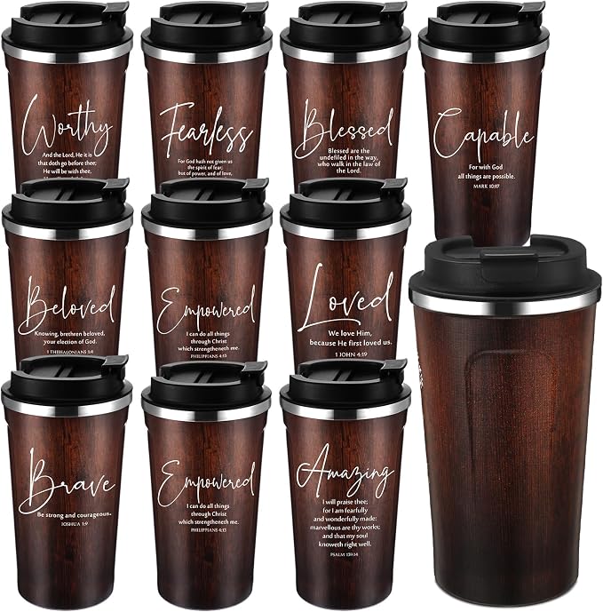 Meanplan 10 Set Christian Church Gift Bible Verse Tumbler Bulk 17oz Coffee Cup Religious Inspirational Tumbler for Women Men Friend Church Member Grandparents Pastor Clergy(Wood, Bible Words Theme)