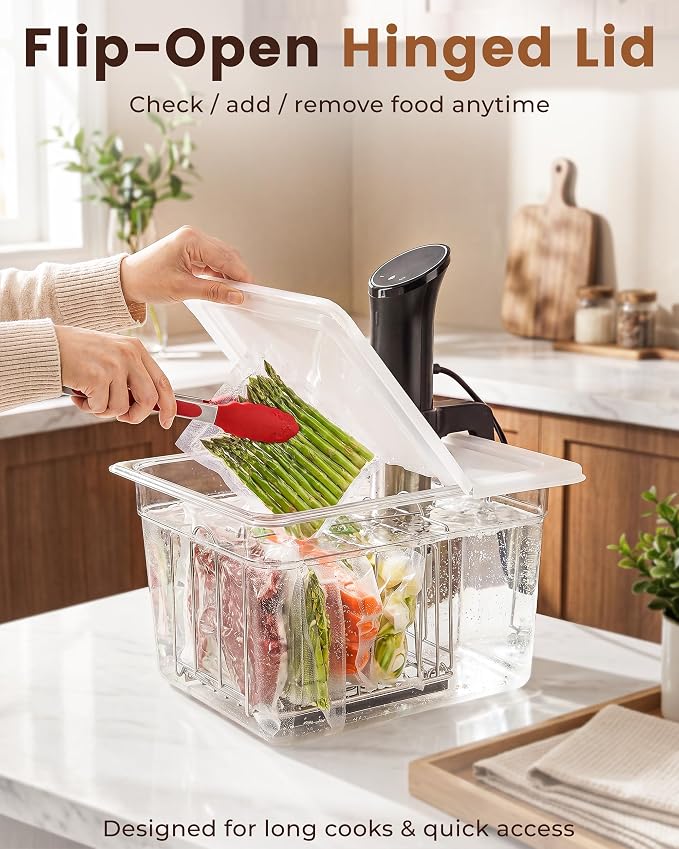 EVERIE Sous Vide Container with Lid and Rack, 12 Quart Sous Vide Container Kit with Universal Collapsible Hinged Lid, Compatible with Anova, Inkbird, Breville, Joule, Wancle and Most Clip-On Sous Vide Cookers