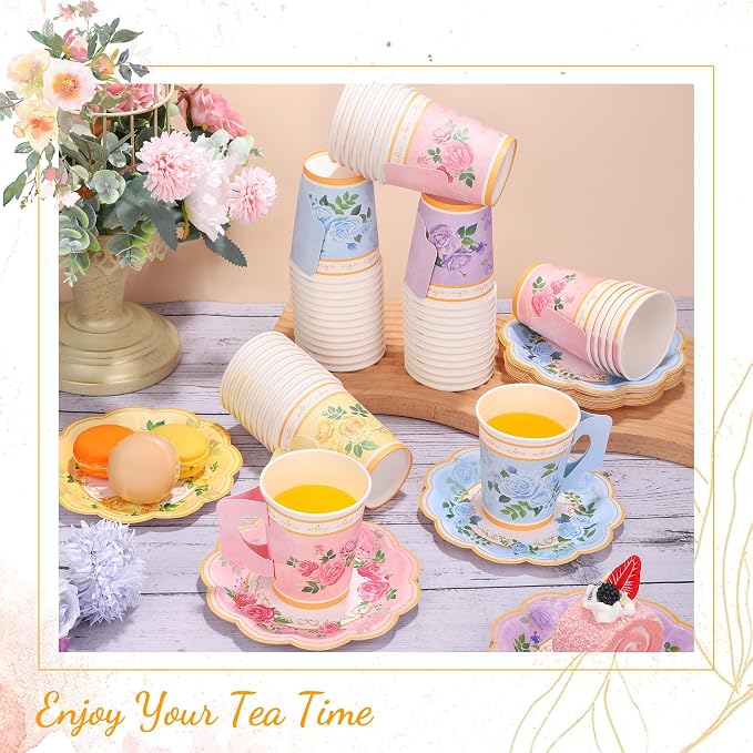 Kochorie 120 Pcs Floral Paper Tea Cups and Saucers 9 Oz Disposable Teacups Bulk with Handle 4 Styles Flower Tea Party Decorations for Birthday Wedding Garden Party Baby Shower Serve 60 Guests