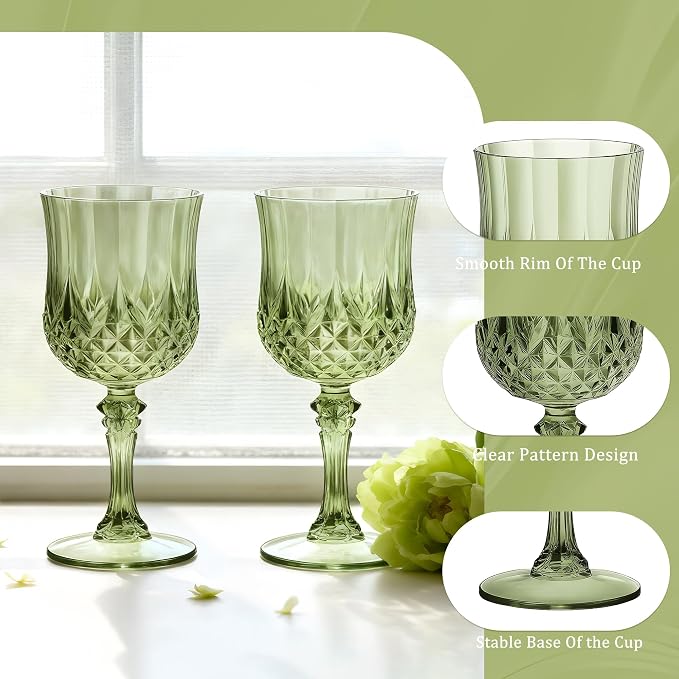 7OZ Plastic Wine Glasses, Reusable Vintage Goblets Unbreakable Drinking Glasses Crystal Water Cups Champagne for Wedding, Parties (24, Light Green)