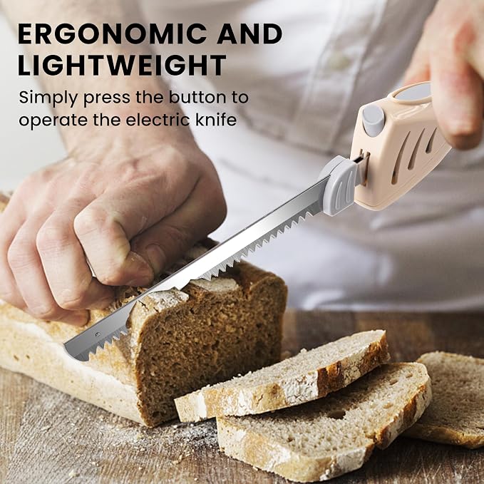 Prikoi Electric Knife - Carving Knife Set, Easy-Slice Serrated Edge Blades for Meat, Bread, Fillet, DIY, Ergonomic Handle + 2 Blades New Upgrade (White)