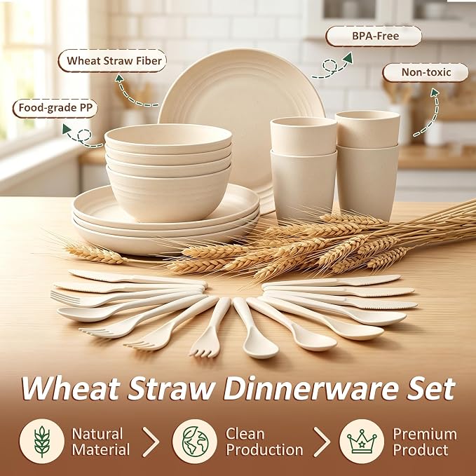 Dish Set for 4, Wheat Straw Dinnerware Sets 24 Piece, Unbreakable Bowls and Plates Set, Plastic Plates Reusable, Microwave and Dishwahser Safe Dining Set for Apartment, RV, Picnic - Beige