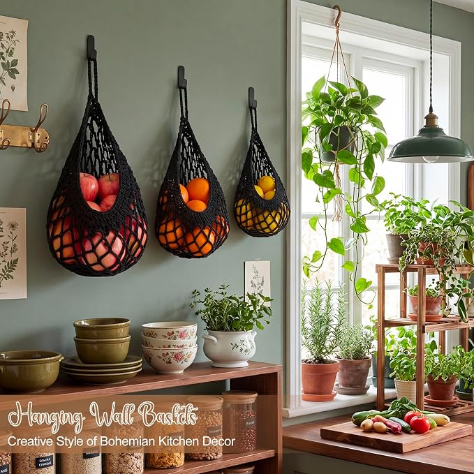 Honeydak Boho Decor Hanging Wall Baskets for Kitchen 3 Pack Teardrop Baskets with Hooks Storage Fruit Onion Vegetable Potato for Home 3 Sizes(Black,Crochet,Cotton Rope)