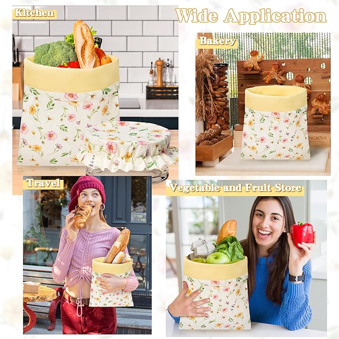 Reusable Beeswax Bread Bags - 3 Pack Bees Wax Food Bag, Homemade Sourdough Bread Storage with Bowl Cover, Linen Cotton Large Beeswax Freezer Container for Home Kitchen (Watercolor Flowers)