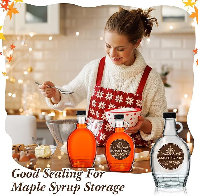 FoldTier 12 Pcs 12 oz Glass Maple Syrup Bottles Clear Reusable Glass Bottles with Lids Loop Handle and Maple Syrup Stickers Jars Container for Milk Potion Juice Sauce Oil Storage Gift(Stylish)