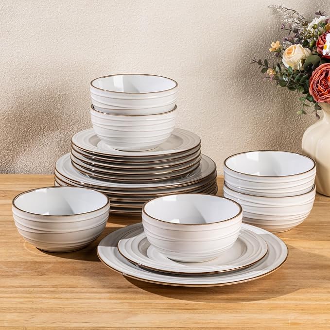 GBHOME Ceramic Dinnerware Sets,18 pcs Embossed Elegant Stoneware Plates and Bowls Sets, Housewarming Wedding Gift | Dishwasher & Microwave Safe | Dishes Set Service for 6