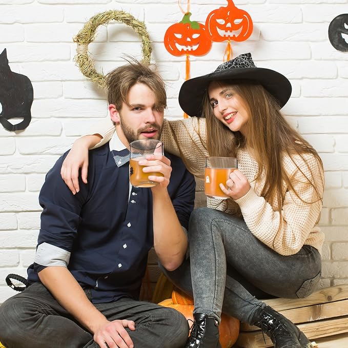 Skylety 4 Pcs Halloween Icon Glass Cups Set - 14oz Pumpkin Spider Bat Ghost Stemless Wine Glasses Double Old Fashioned Icon Hand Blown Drinking Cups for Halloween Party Supplies & Gift