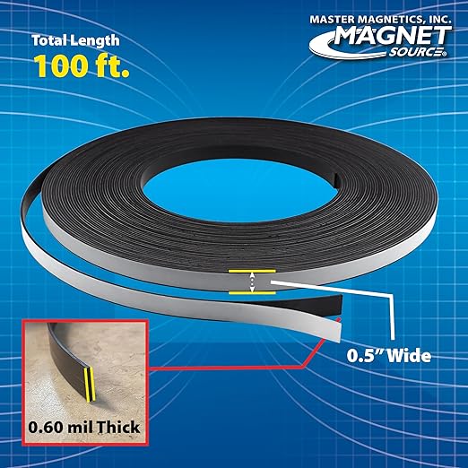 Master Magnetics Flexible Magnetic Tape - Magnet Strips with Strong Adhesive Backing for Walls, Boards, Signs, and More - 0.0625" Thick - 0.5" W - 100 Ft - 1 Roll