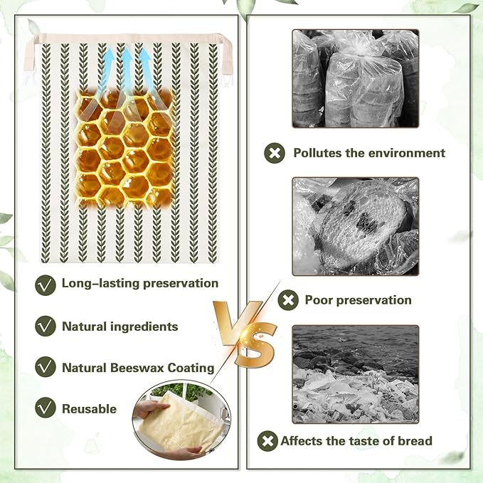 Reusable Beeswax Bread Bags for Homemade Bread Sourdough (2 Pcs 13x17in Bags + 10in Bowl Cover) Floral Cotton 100% Natural Beeswax Coating, Plastic-free Food Storage Wrap(Green Leaf)